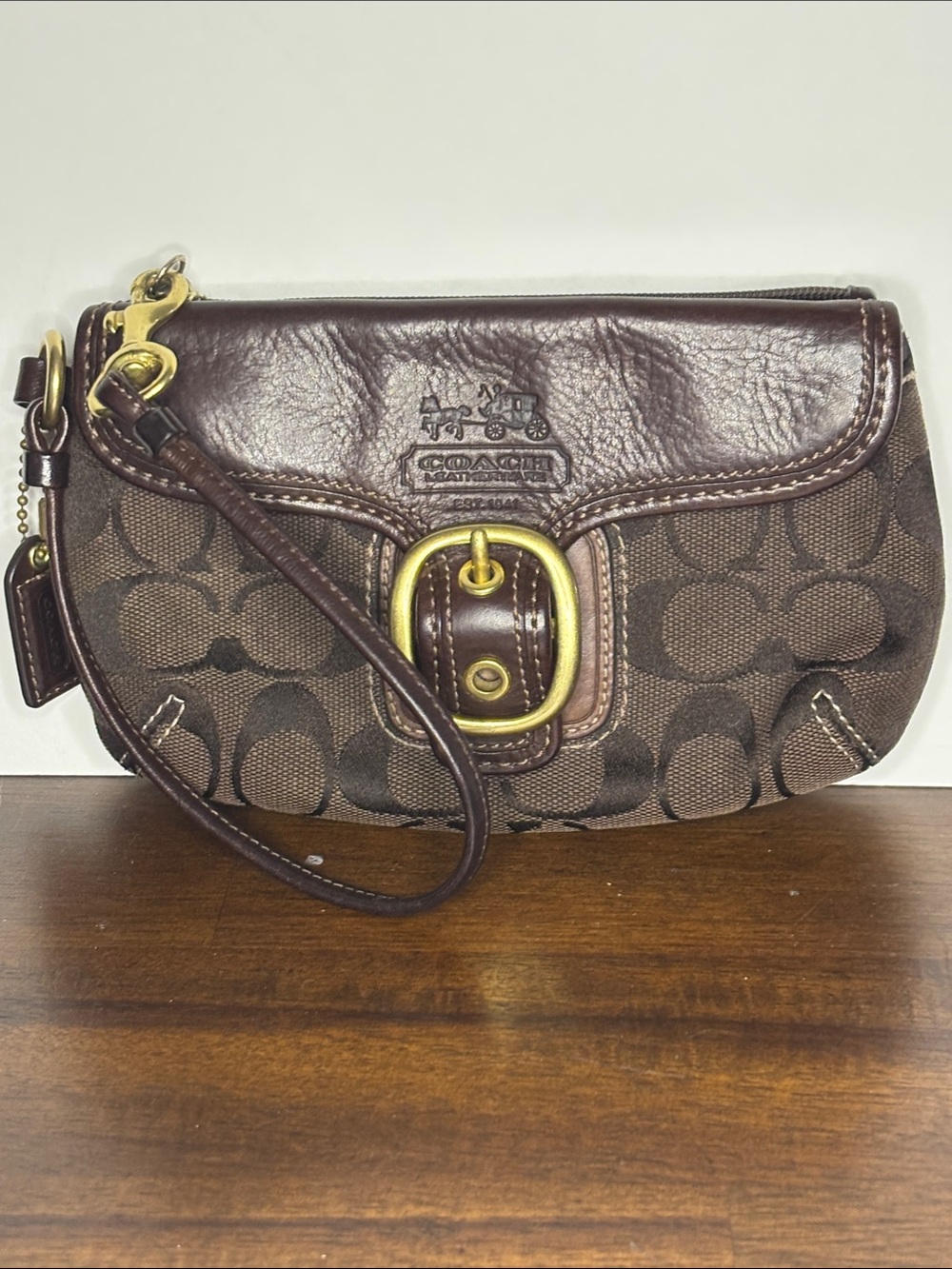 Coach Y2K Bleecker Signature Canvas and Brown Leather Buckle Flap Wristlet